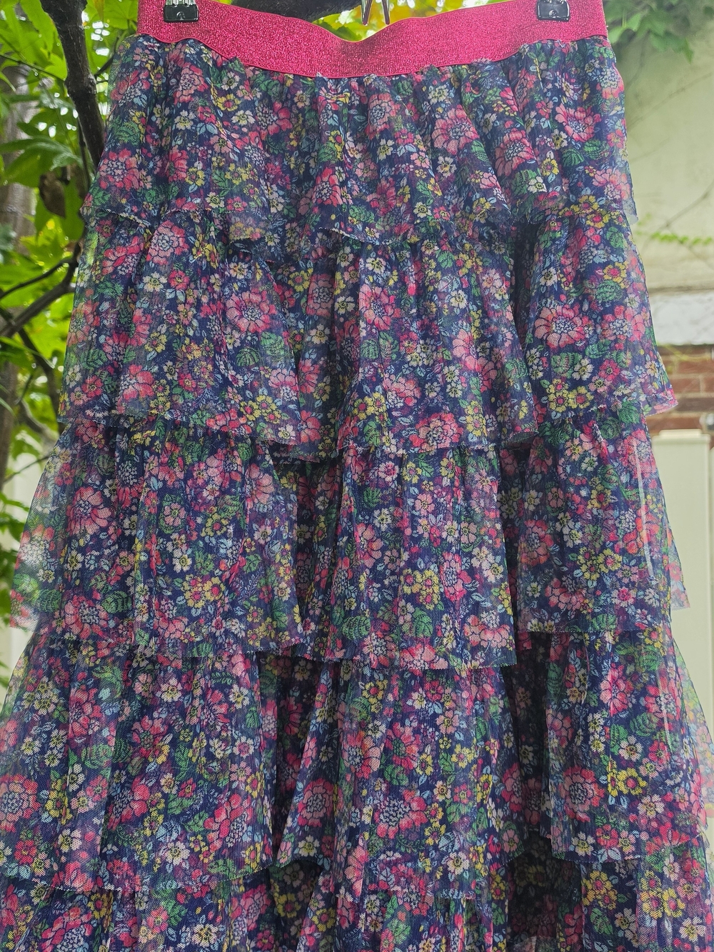 Mini Boden Navy Floral Tiered Skirt with Pink Waistband